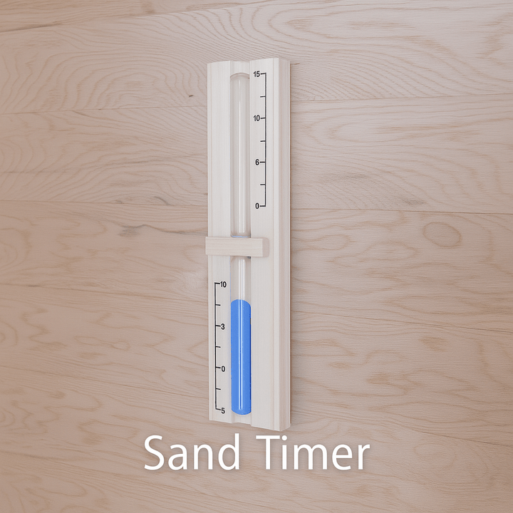 Sand timer in a wooden frame, ideal for tracking time in a 3-person indoor sauna