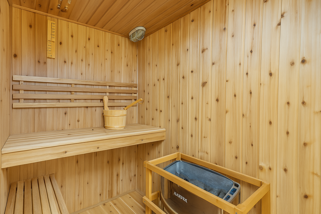 SunRay traditional 3-person indoor sauna with wooden benches and heater for relaxing spa experience