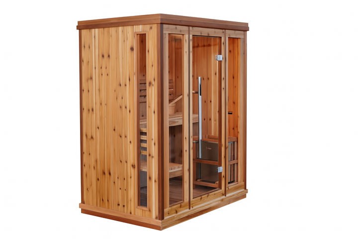 SunRay traditional 3-person indoor sauna made of natural wood with glass door and window panels