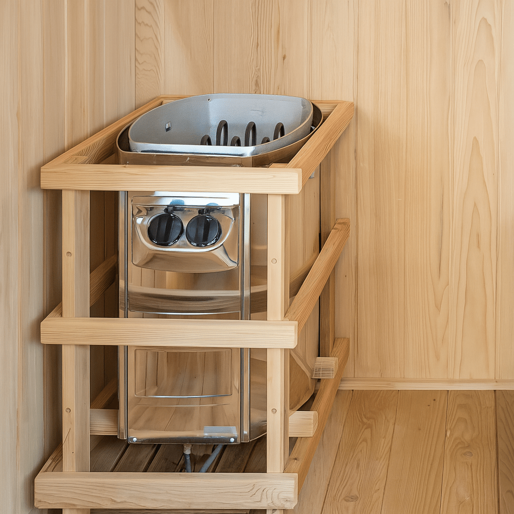 SunRay 3-person indoor sauna featuring a stainless steel heater with wooden framework