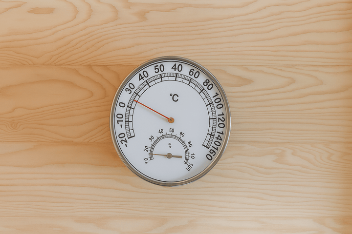Thermometer for 3-person indoor sauna displaying temperature for an optimal relaxation experience