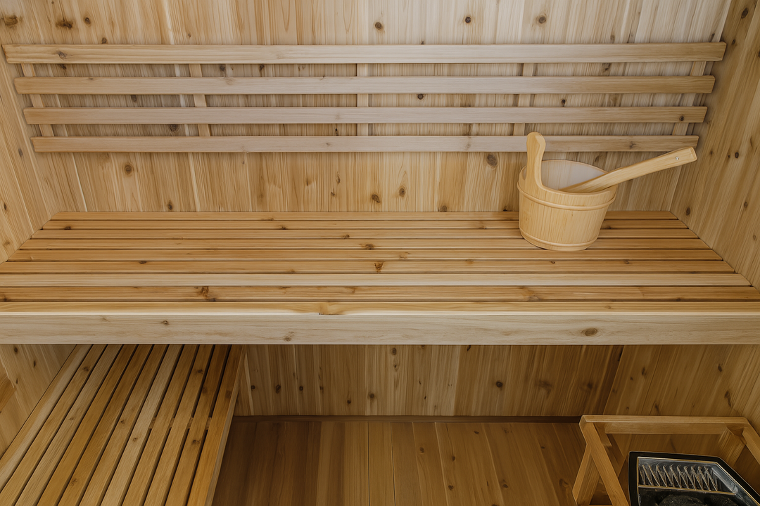 SunRay traditional 3-person indoor sauna with wooden benches and a water bucket with ladle