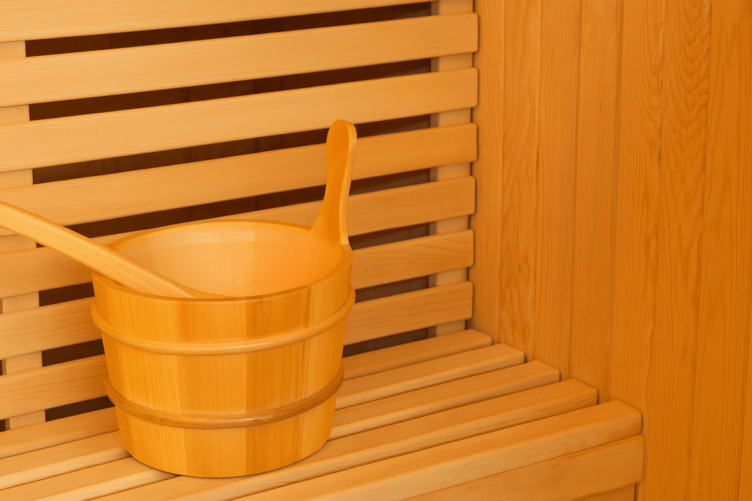Interior view of a SunRay 3-person indoor sauna featuring a wooden bucket and bench