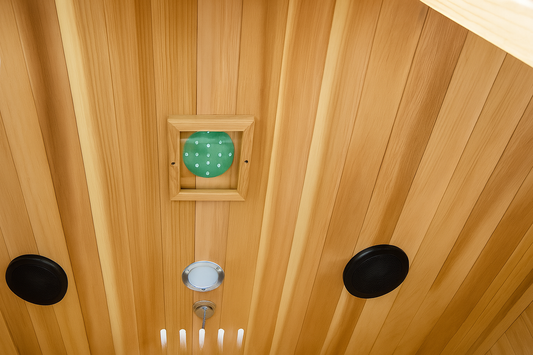 Interior ceiling view of SunRay 3-person infrared cedar sauna showing wooden panels and built-in lighting