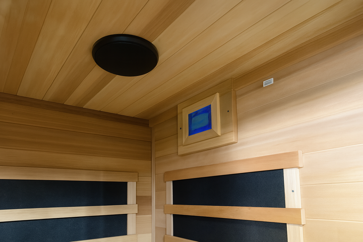 SunRay 3-person infrared cedar sauna interior with wooden panels and digital control panel