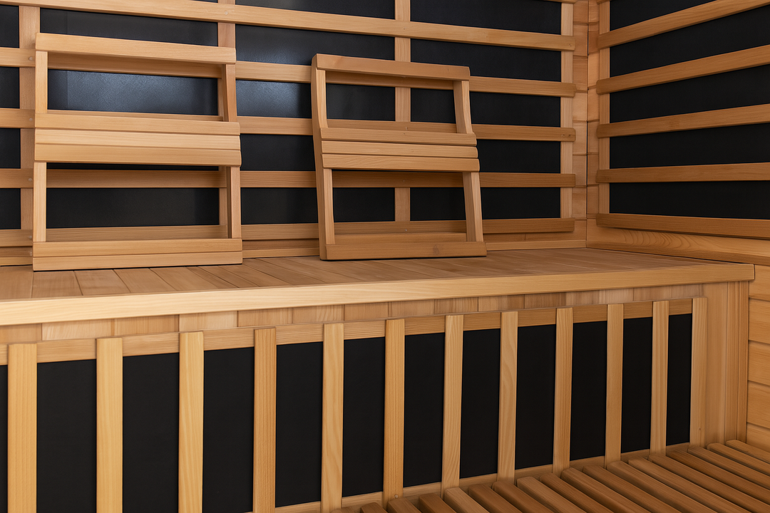 Interior view of SunRay 3-person infrared cedar sauna showing wooden bench and backrests