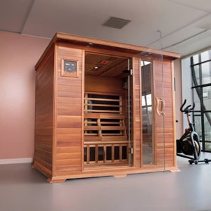 SunRay 3-person infrared cedar sauna with glass door and wooden benches for relaxing therapy