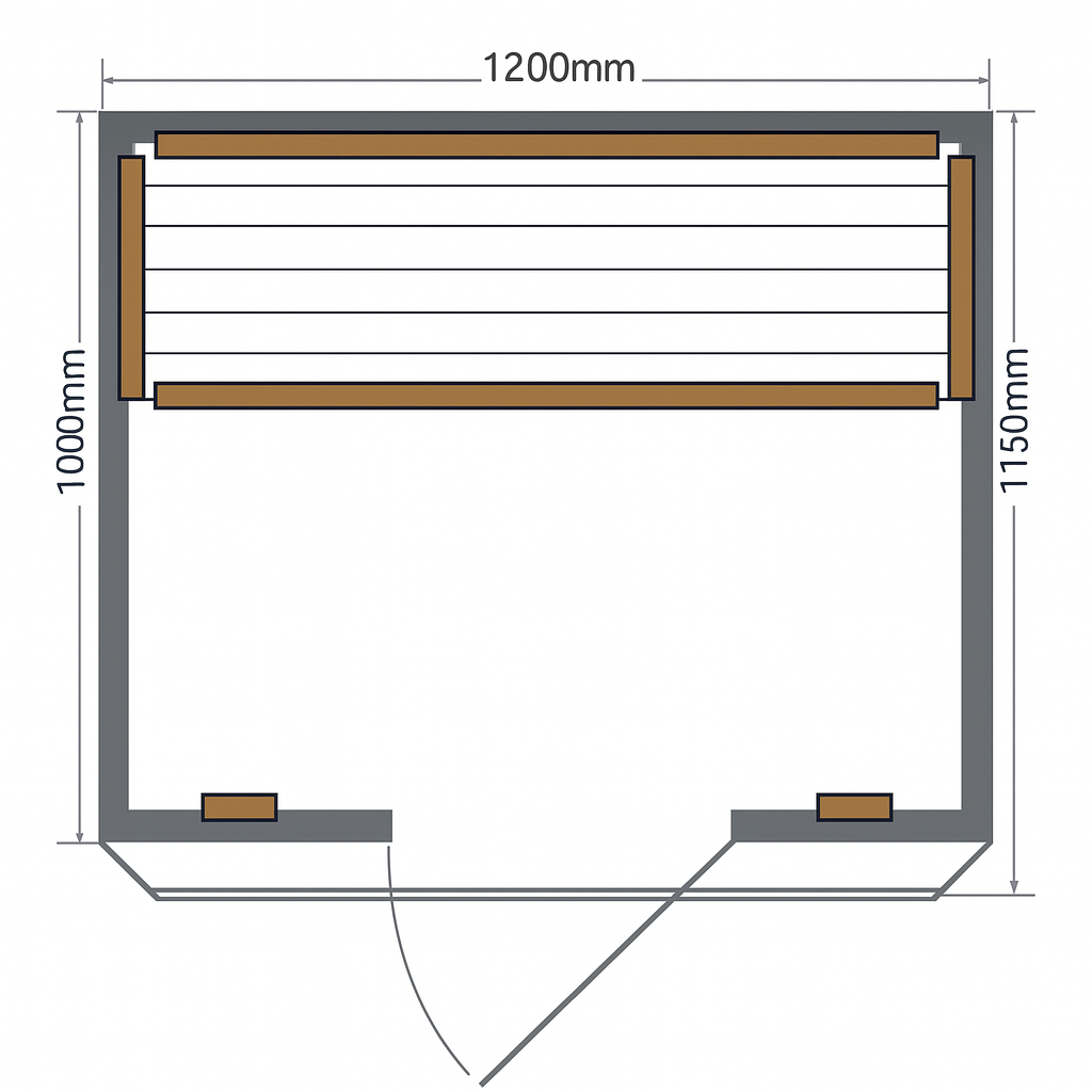 Top view floor plan layout of SunRay 3-person infrared cedar sauna with bench and door placement