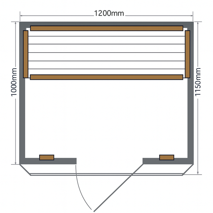 Top view floor plan layout of SunRay 3-person infrared cedar sauna with bench and door placement