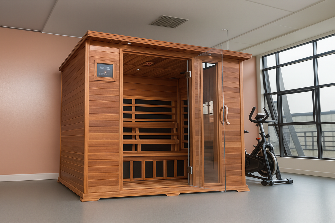 SunRay 3-person infrared cedar sauna with glass door and digital control panel in modern room
