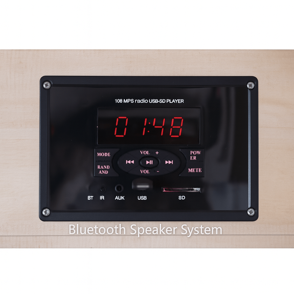 Control panel of the SunRay 3-person infrared sauna featuring Bluetooth speaker system and user-friendly interface