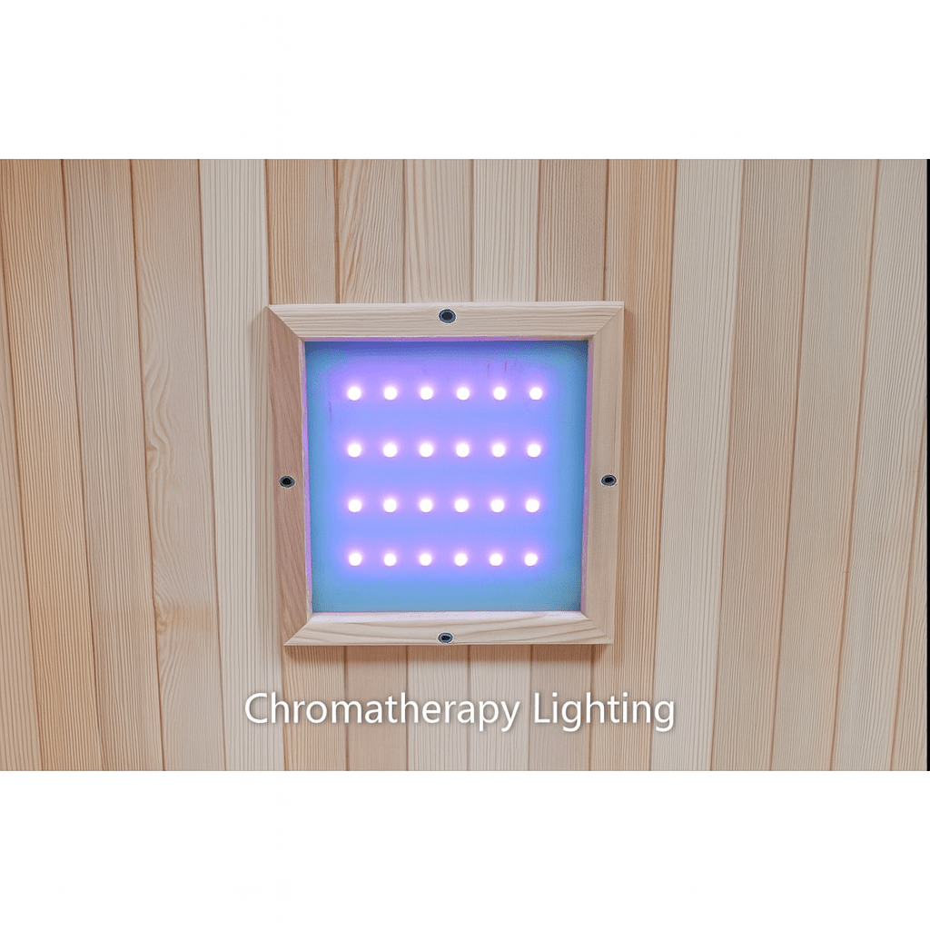 Chromatherapy lighting inside a SunRay 3-person infrared sauna for enhanced relaxation
