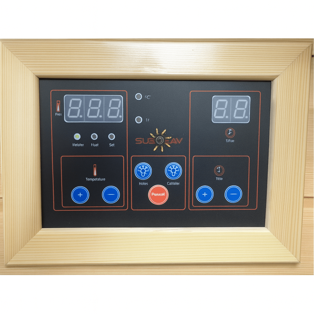 Digital control panel of SunRay 3-person infrared sauna with temperature and timer settings