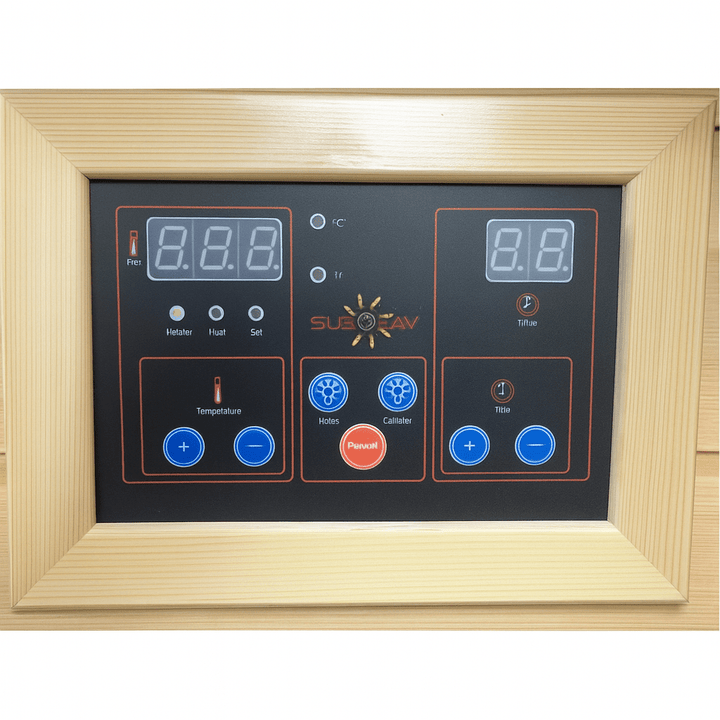 Digital control panel of SunRay 3-person infrared sauna with temperature and timer settings