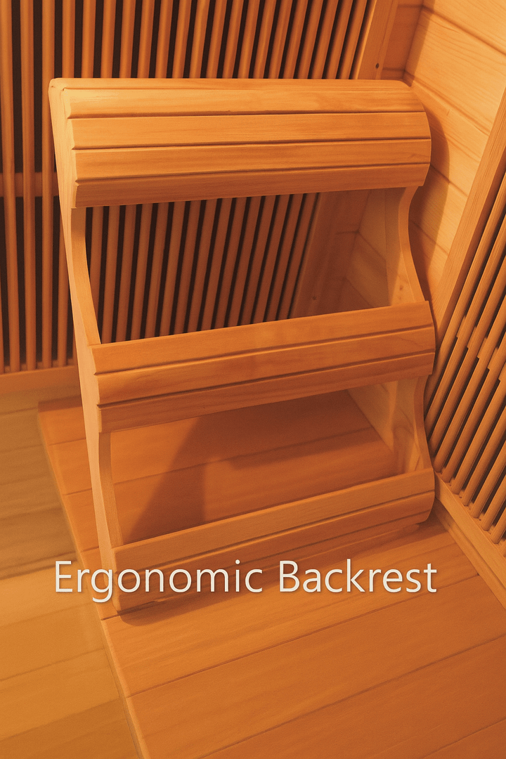Ergonomic backrest inside SunRay 3-person infrared sauna for optimal comfort and relaxation