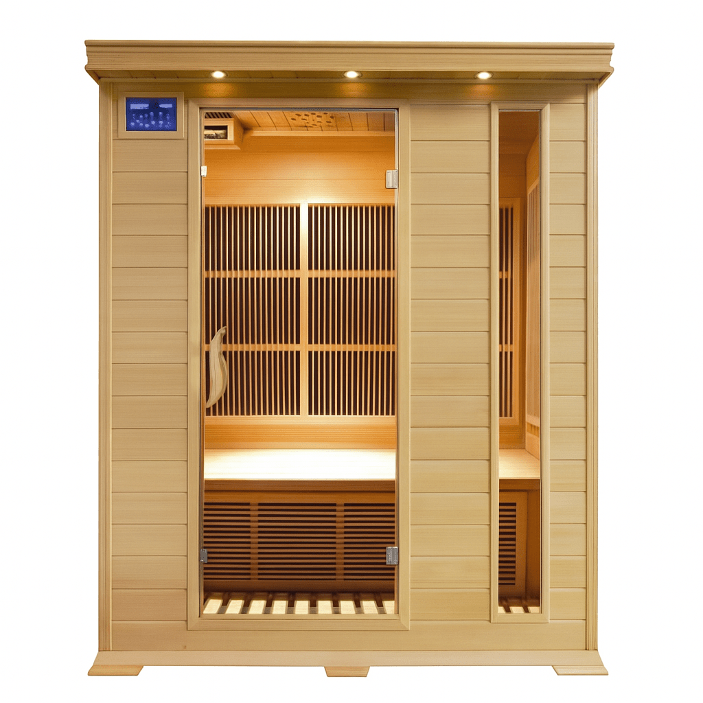 SunRay 3-person infrared sauna with wooden construction and interior lighting for relaxation and wellness