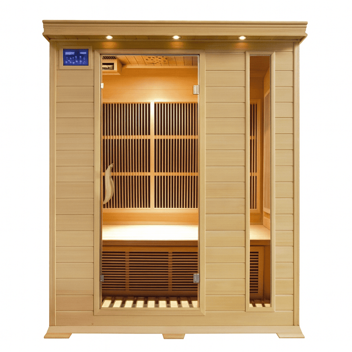 SunRay 3-person infrared sauna with wooden construction and interior lighting for relaxation and wellness