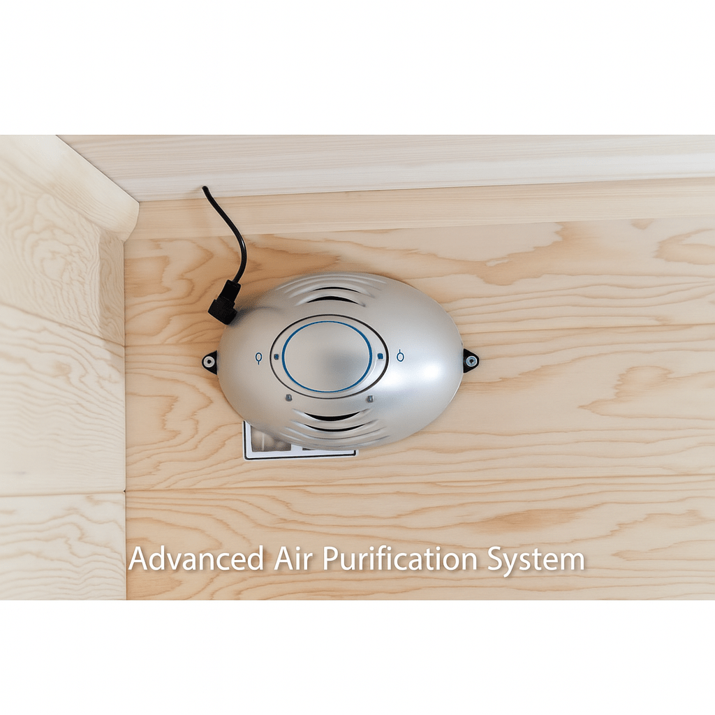 Advanced air purification system inside a SunRay 3-person outdoor infrared sauna