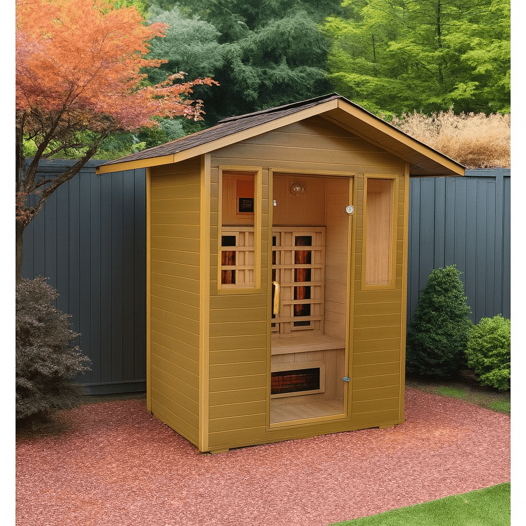 SunRay 3-person outdoor infrared sauna with wooden exterior and window for backyard relaxation
