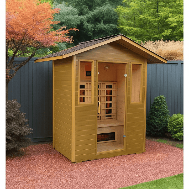 SunRay 3-person outdoor infrared sauna with wooden exterior and window for backyard relaxation