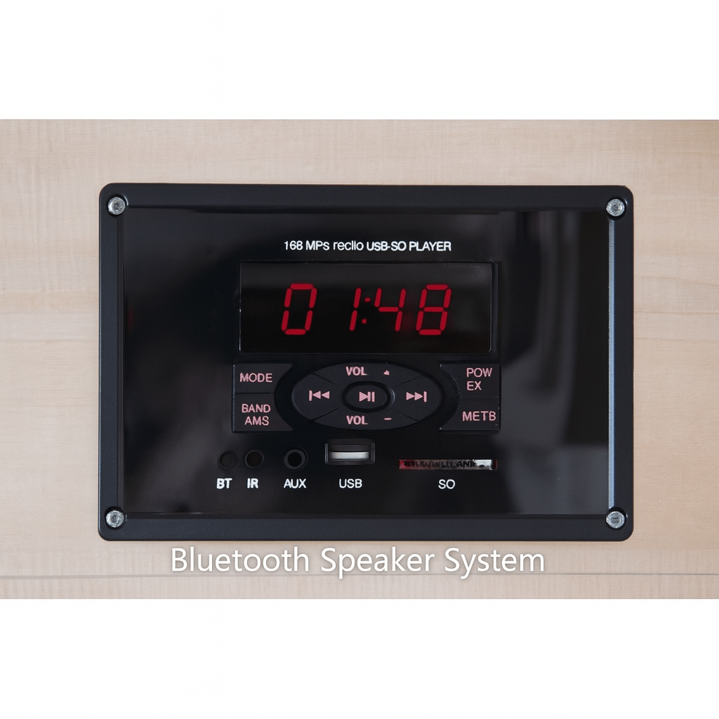 Control panel of a 3-person outdoor infrared sauna with Bluetooth speaker system and display features
