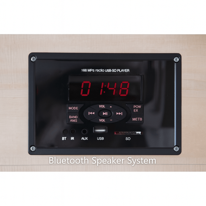 Control panel of a 3-person outdoor infrared sauna with Bluetooth speaker system and display features