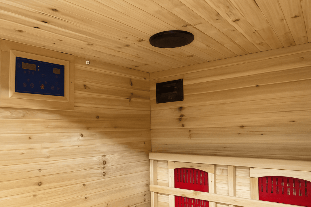 Interior view of SunRay 3-person outdoor infrared sauna with wooden panels and sauna controls