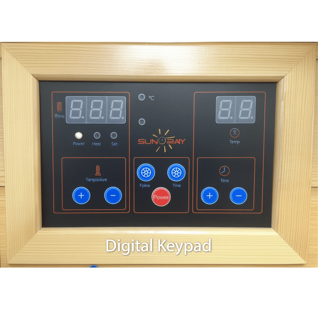 Digital keypad controls for SunRay 3-person outdoor infrared sauna with temperature and timer settings