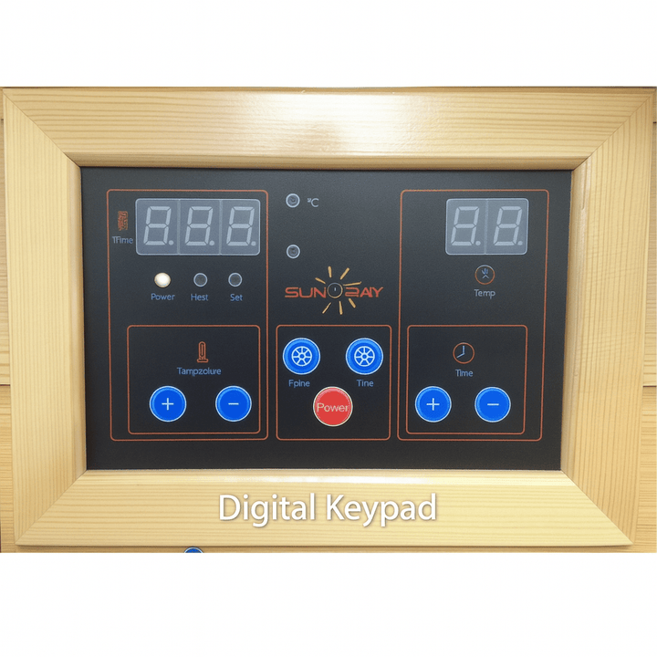 Digital keypad controls for SunRay 3-person outdoor infrared sauna with temperature and timer settings