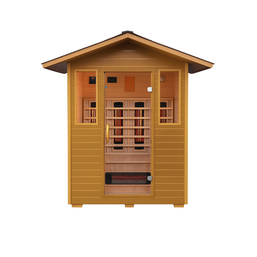 SunRay 3-person outdoor infrared sauna designed for relaxation and wellness in any backyard