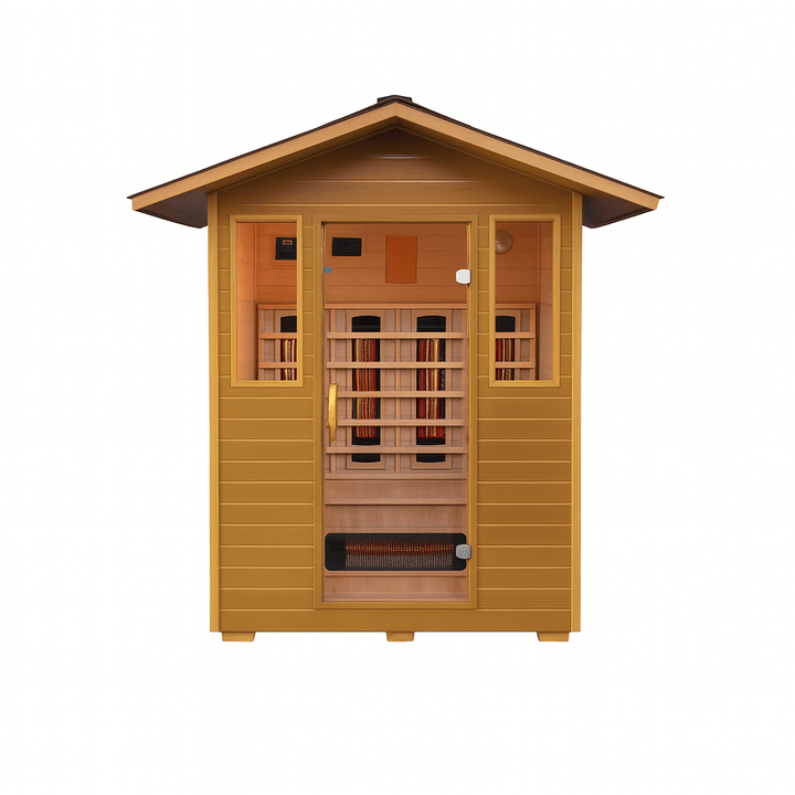 SunRay 3-person outdoor infrared sauna designed for relaxation and wellness in any backyard