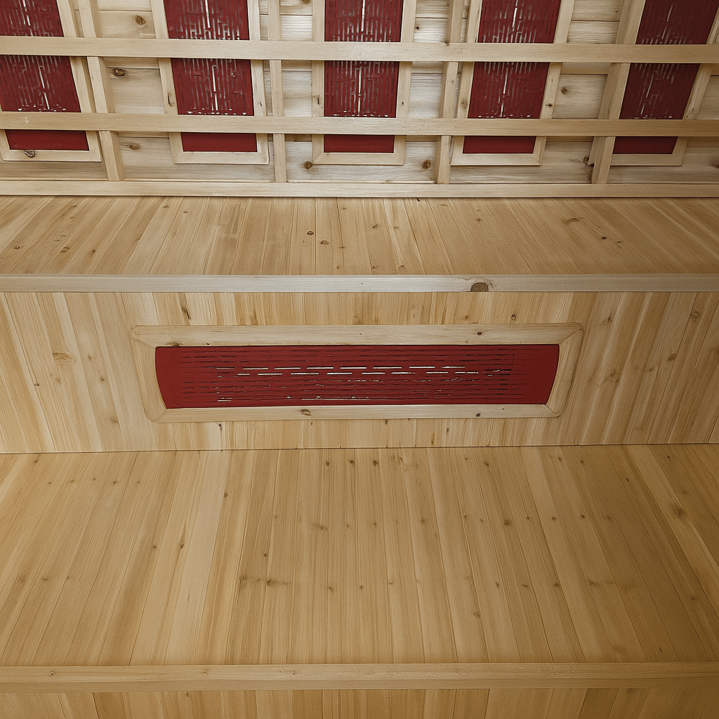 Interior view of a SunRay 3-person outdoor infrared sauna featuring wooden benches and heating panels