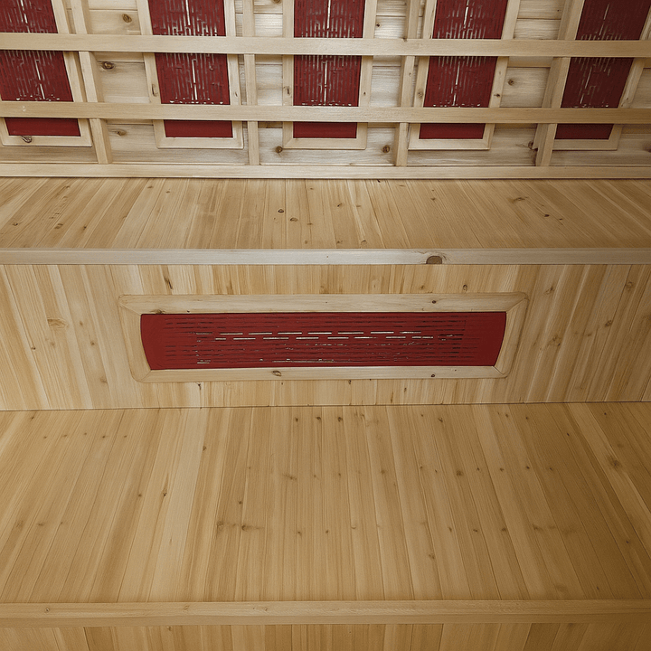 Interior view of a SunRay 3-person outdoor infrared sauna featuring wooden benches and heating panels