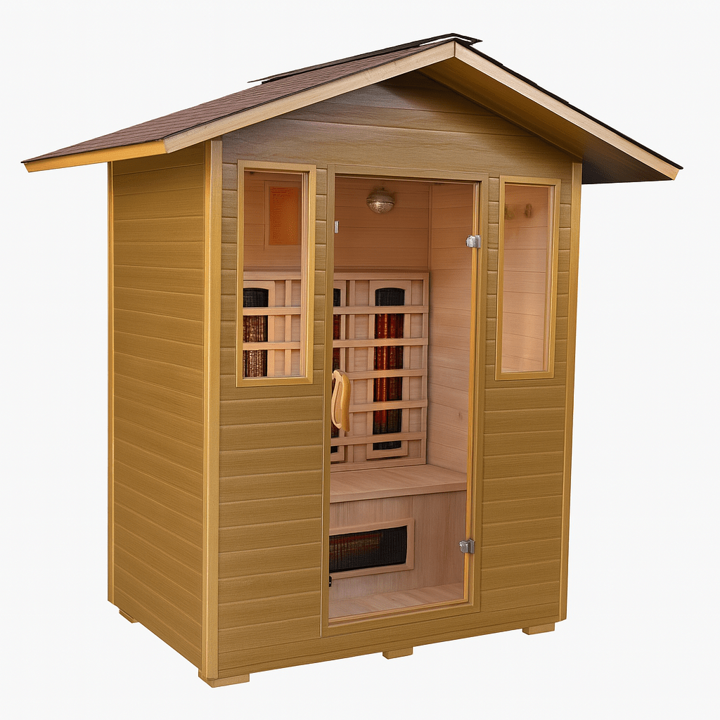 SunRay 3-person outdoor infrared sauna with wood paneling and large front window for relaxation