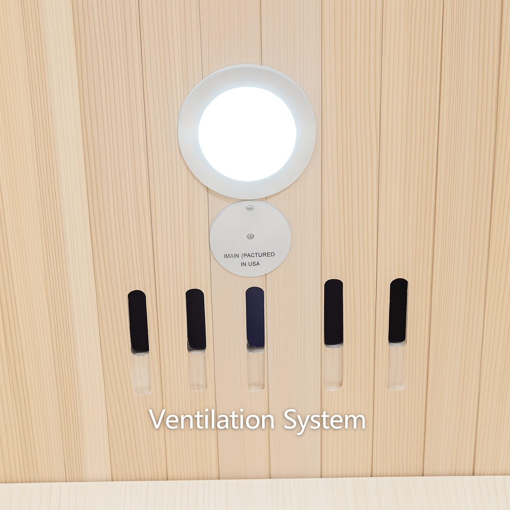 Interior view of SunRay 3-person outdoor infrared sauna showing ventilation system for optimal air circulation