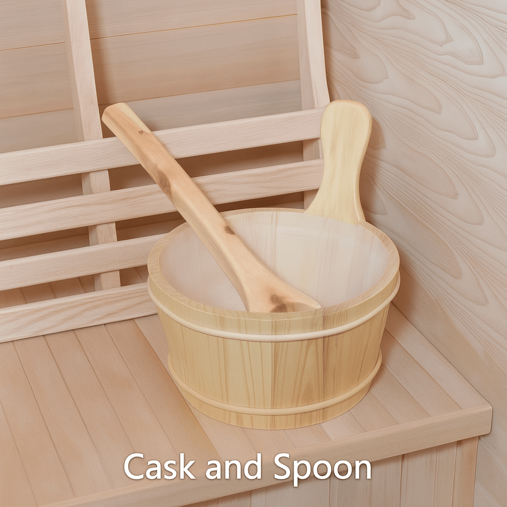 Wooden cask and spoon set for use in a 3-person outdoor sauna, placed on a bench