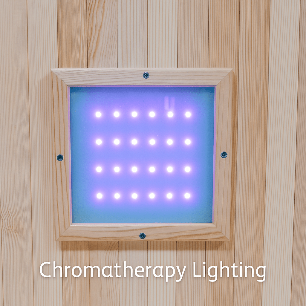 Chromatherapy lighting feature in a SunRay 3-person outdoor sauna for enhanced relaxation