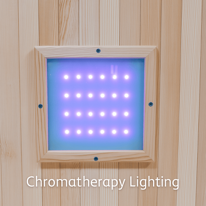 Chromatherapy lighting feature in a SunRay 3-person outdoor sauna for enhanced relaxation