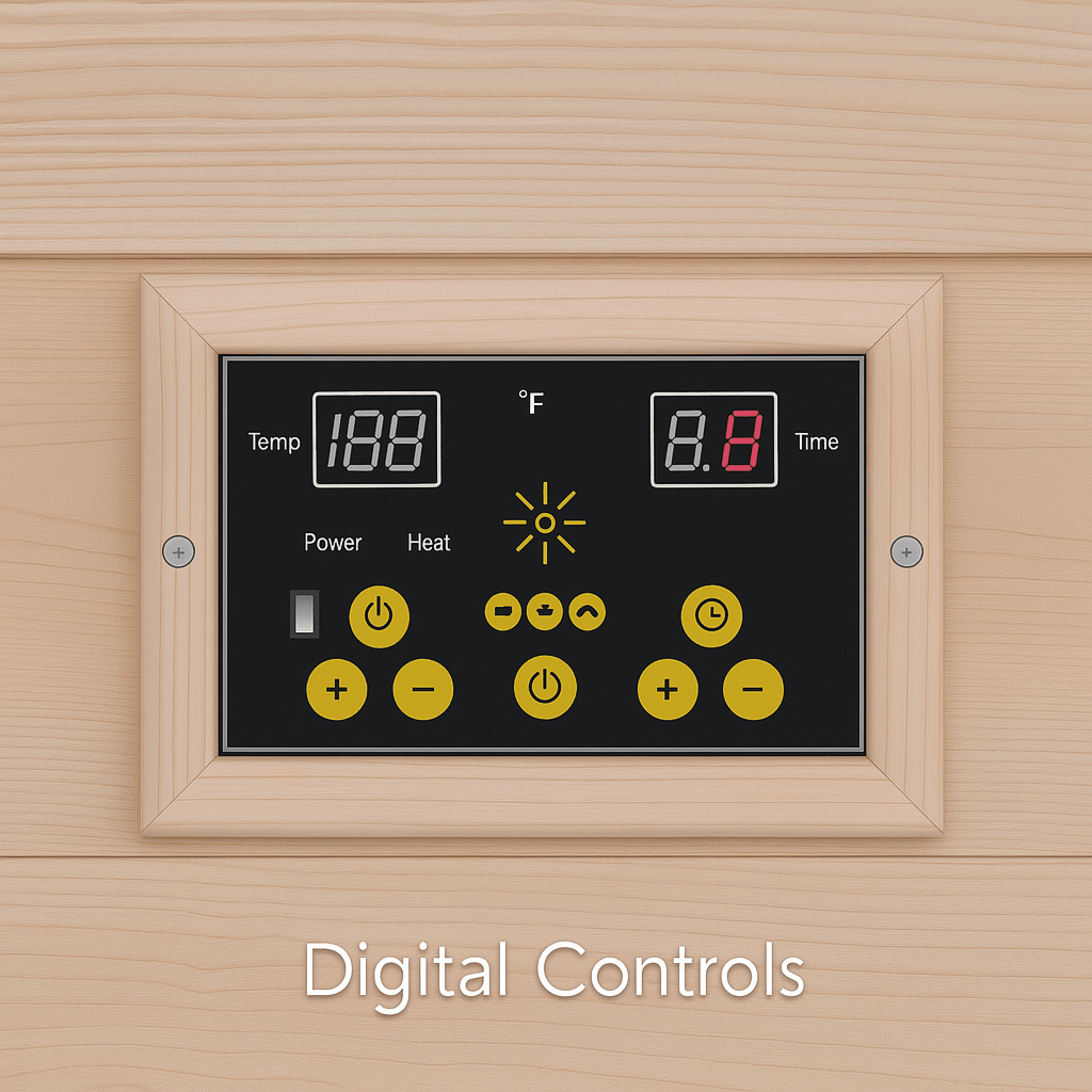 Digital controls panel for SunRay 3-person outdoor sauna with adjustable temperature and timer settings