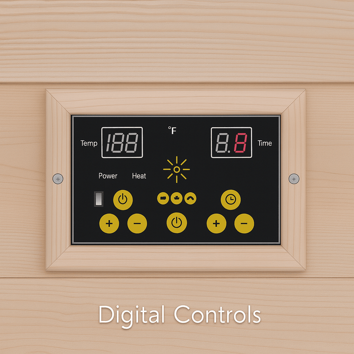 Digital controls panel for SunRay 3-person outdoor sauna with adjustable temperature and timer settings