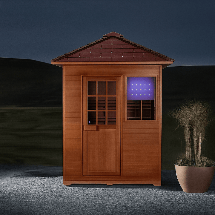 SunRay 3-person outdoor sauna with wood finish and glass door, ideal for relaxation and wellness