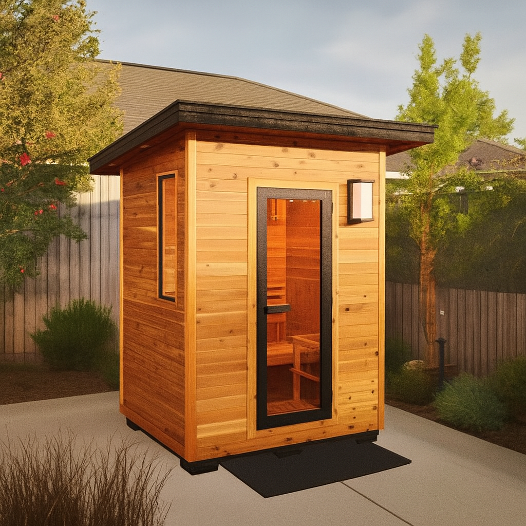 SunRay traditional 3-person outdoor sauna made of wood with glass door and exterior light