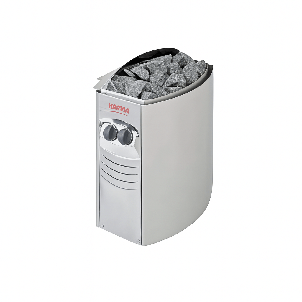 Harvia sauna heater designed for a 3-person outdoor sauna with stainless steel finish and rock tray