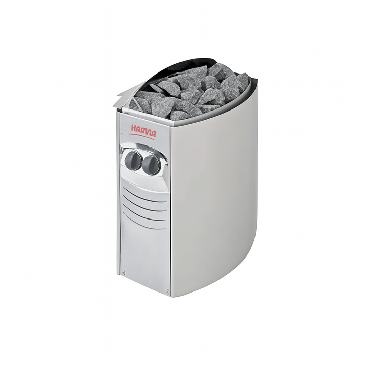 Harvia sauna heater designed for a 3-person outdoor sauna with stainless steel finish and rock tray