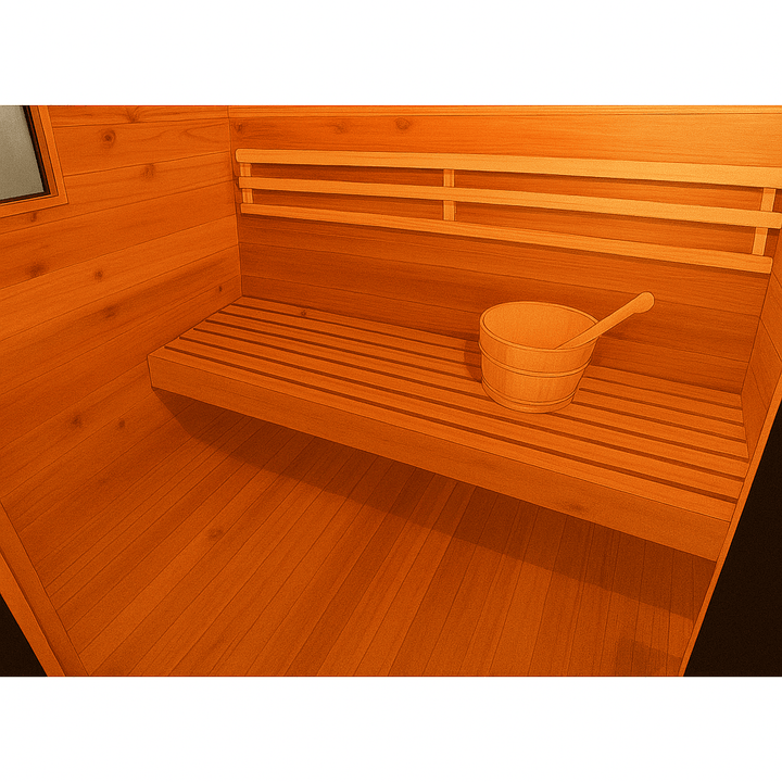 SunRay 3-person outdoor sauna featuring a spacious wooden interior with a bench and bucket