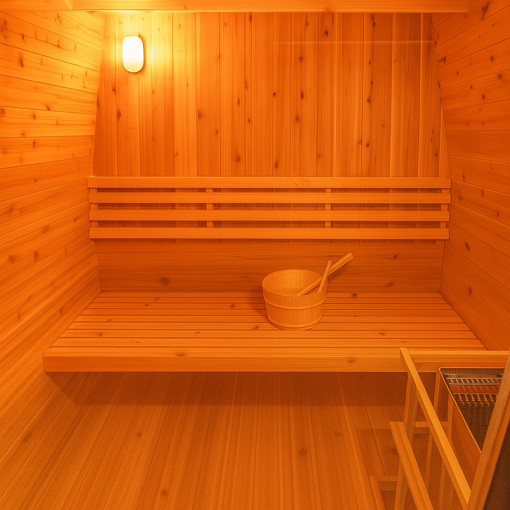 Cozy wooden interior of a SunRay 3-person outdoor sauna with benches and a bucket