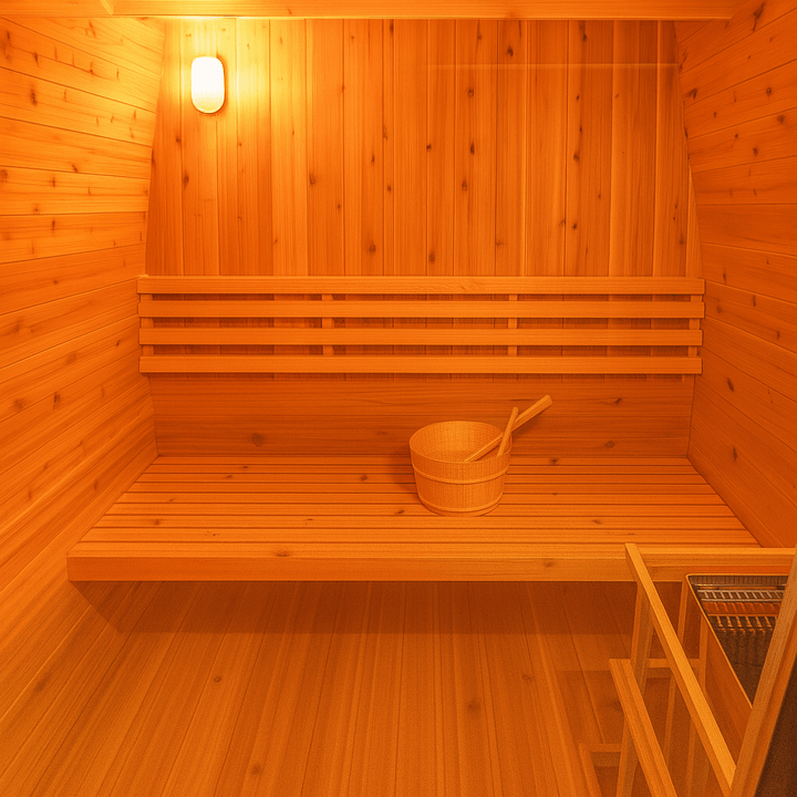 Cozy wooden interior of a SunRay 3-person outdoor sauna with benches and a bucket