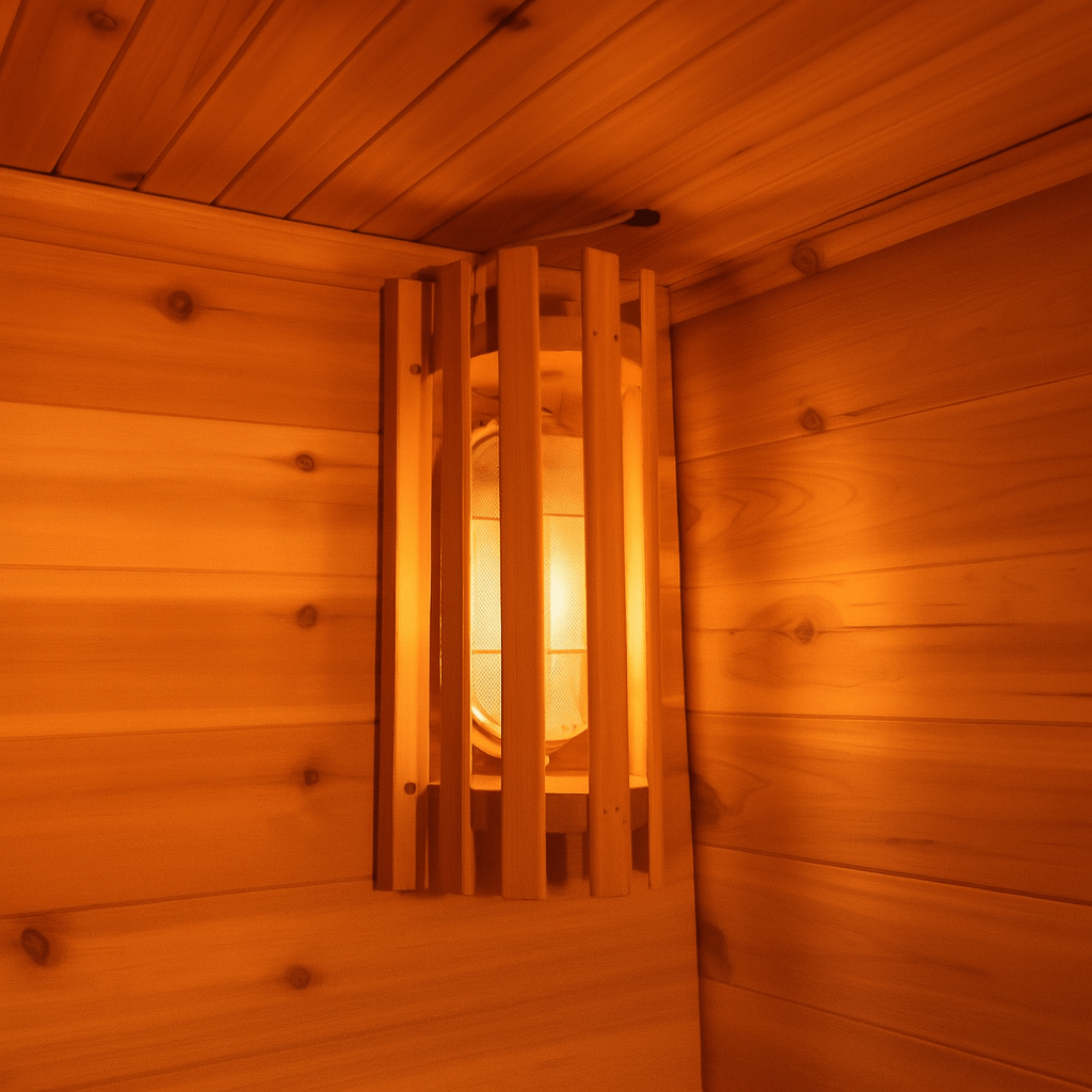Cozy interior of a SunRay sauna featuring warm lighting, perfect for a 3-person outdoor sauna experience