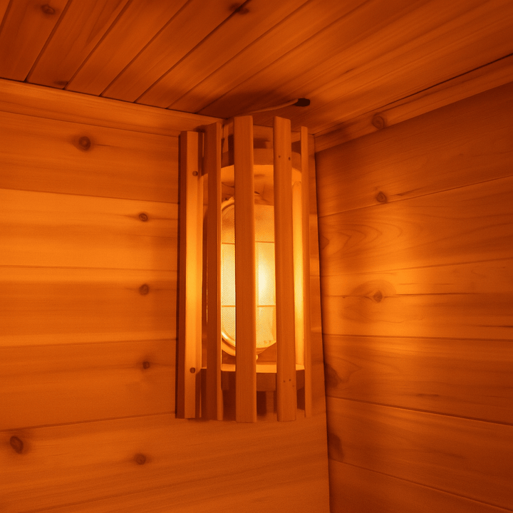 Cozy interior of a SunRay sauna featuring warm lighting, perfect for a 3-person outdoor sauna experience