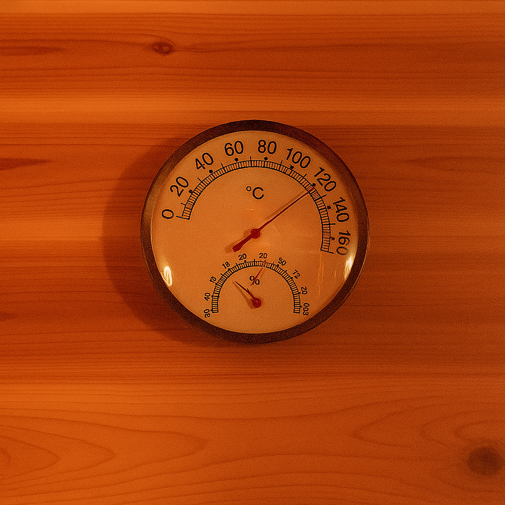 Temperature and humidity gauge inside SunRay 3-person outdoor sauna with wooden interior walls